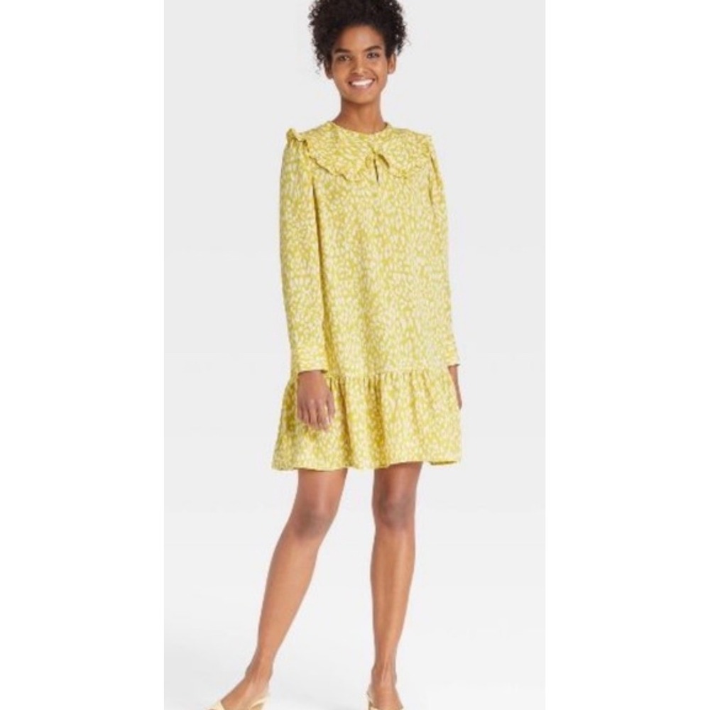 Who What Wear Mini Dress Women Small Yellow Animal Print Excellent Ruffle Collar